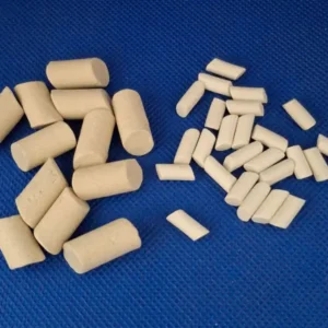 Large 3/8 x 5/8 inch and small 5/32 x 5/16 inch angle-cut ceramic tumbling media cylinders side by side