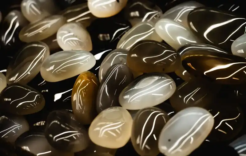 Pile of glossy polished agate tumbled stones with banded patterns