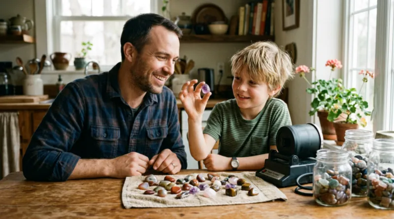 Father and son admiring a batch of polished tumbled stones next to a rotary rock tumbler