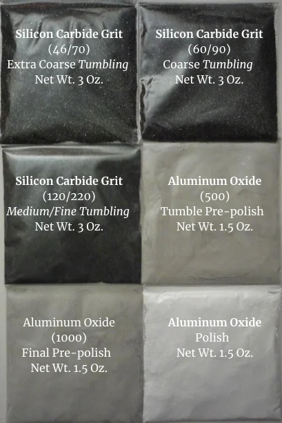 Six-pack rock tumbling grit kit with aluminum oxide polish for rotary tumblers