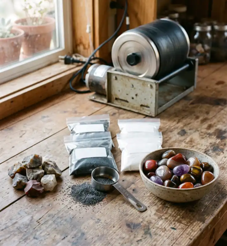 Rotary rock tumbler on a wooden workbench with rough rock, bags of silicon carbide grit and aluminum oxide polish, and a bowl of polished tumbled stones