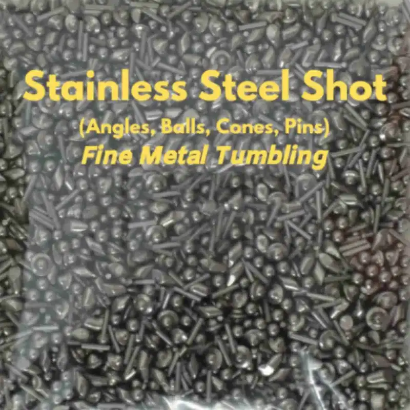 Bag of stainless steel tumbling media, jewelers mix of angles, balls, cones and pins