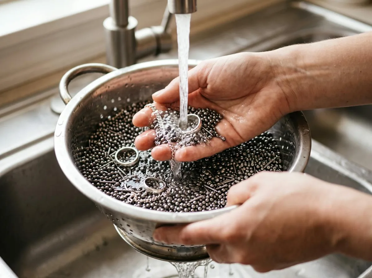 Rinsing stainless steel shot and polished silver rings in a colander under a tap