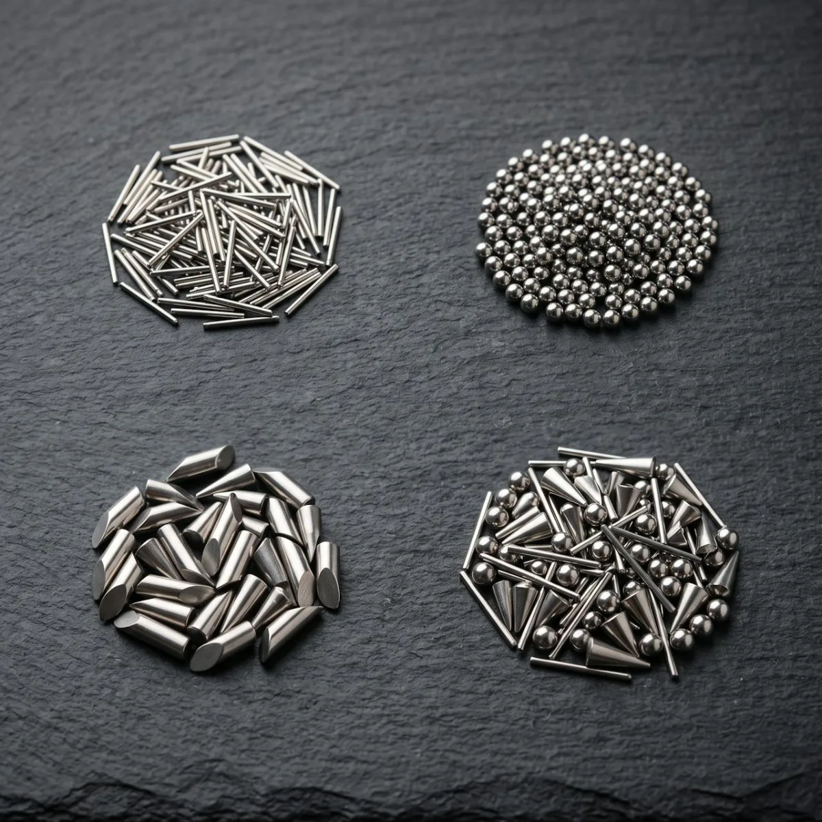 Four piles of stainless steel tumbling shot: pins, balls, diagonals and cones, and a mixed blend
